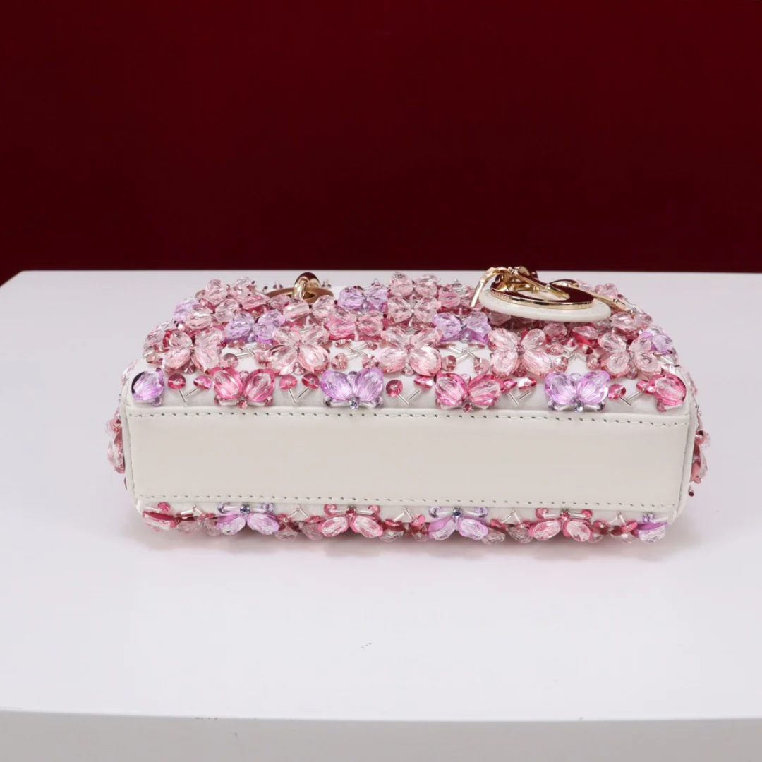 DIOR LADY D-JOY MICRO BAG IN WHITE CALFSKIN WITH PINK FLORAL EMBROIDERY AND STRASS