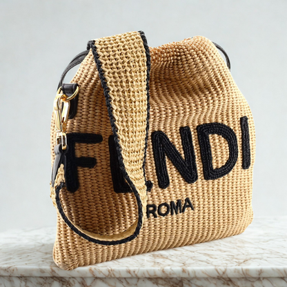 FENDI SACK SMALL WOVEN STRAW BAG IN BEIGE